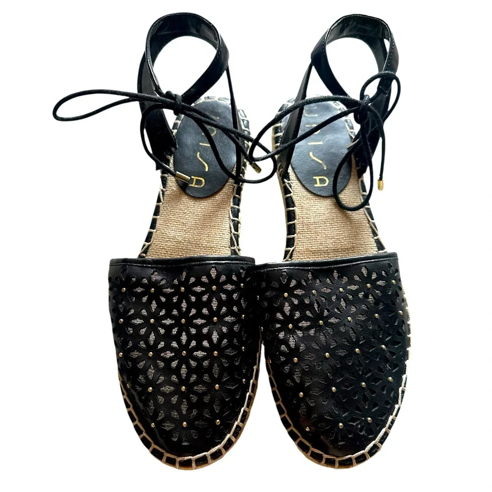 Unisa Cayta Black Floral Cutout Ankle Strap Tie Low Espadrille Flats Size 7